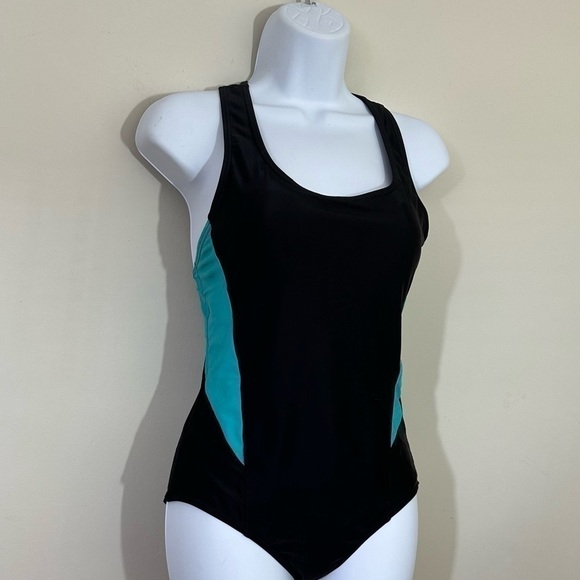 Speedo sz sm 1 piece swimsuit in black with aqua accent. Very nice suit - Picture 7 of 12